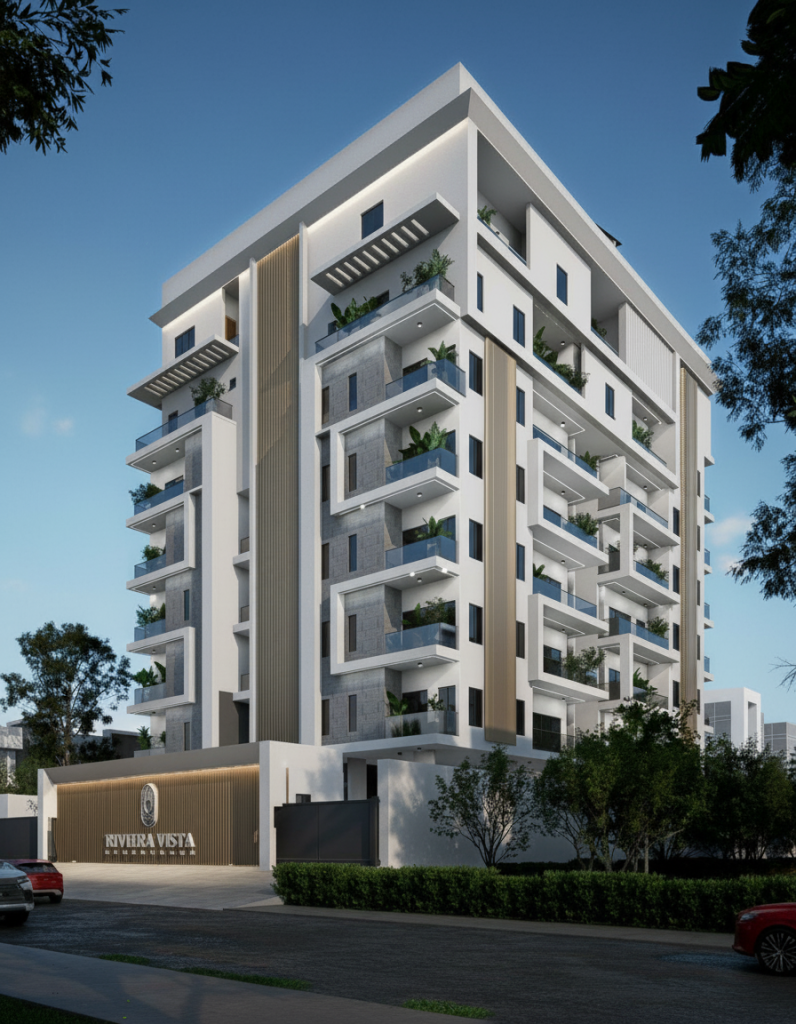 Modern multi-story residential building with glass facades and contemporary architectural design, captured in high-resolution 8K quality.